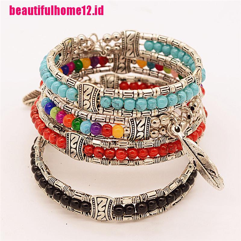 Gelang Bangle Silver Tibet Vintage Bohemia Desain Bulu Hias Turquoise Untuk Wanita