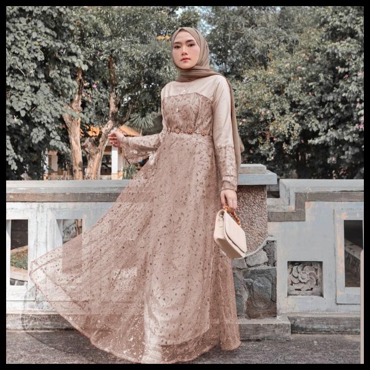 Gamis Rachel Maxi Dress Moscrepe Tile Mutiara Ld 98 Cm Pj 135 Cm - Mocca