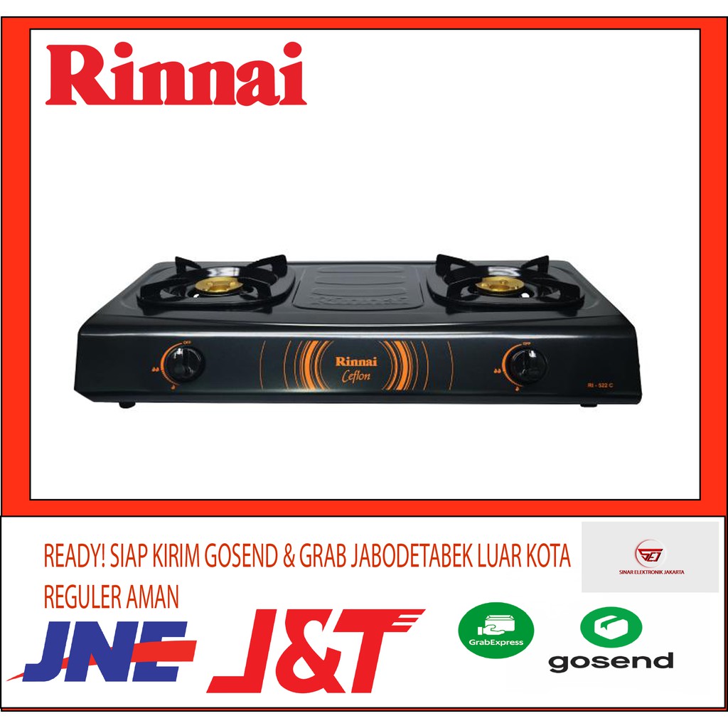 PROMO Rinnai RI 522C Kompor Gas 2 Tungku Teflon  Burner Kuningan. SNI Bergaransi