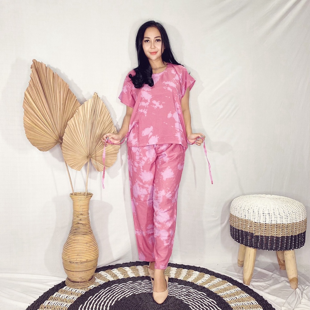 Daster Babydoll Panjang Bali-SET PAN TIE DIE PLUM