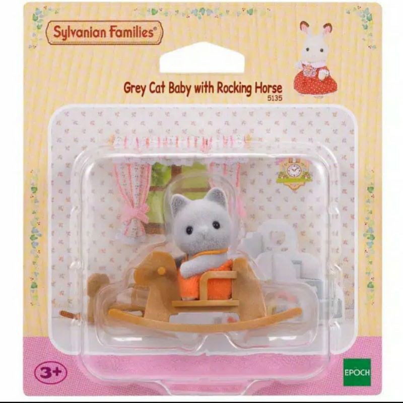 Grey Cat Baby with Rocking Horse Sylvanian