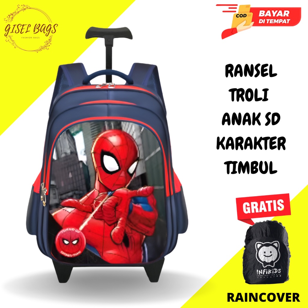 GB-Tas ransel troli anak laki laki SD tas ransel troli karakter superhero tas ransel troli timbul tas ransel troli import