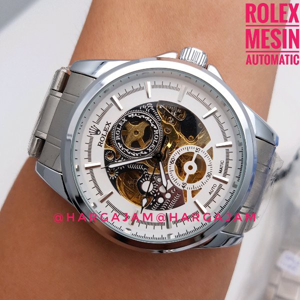 BARU Jam Pria Automatic Rolex R0635 Rantai Silver Plat Putih (hargajam harga jam matic otomatis
