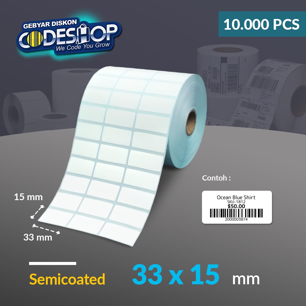 

Codeshop Label Semicoated 33 x 15 mm 3 Line Stiker Printer Barcode Core 1 Inch isi 10.000 Pcs