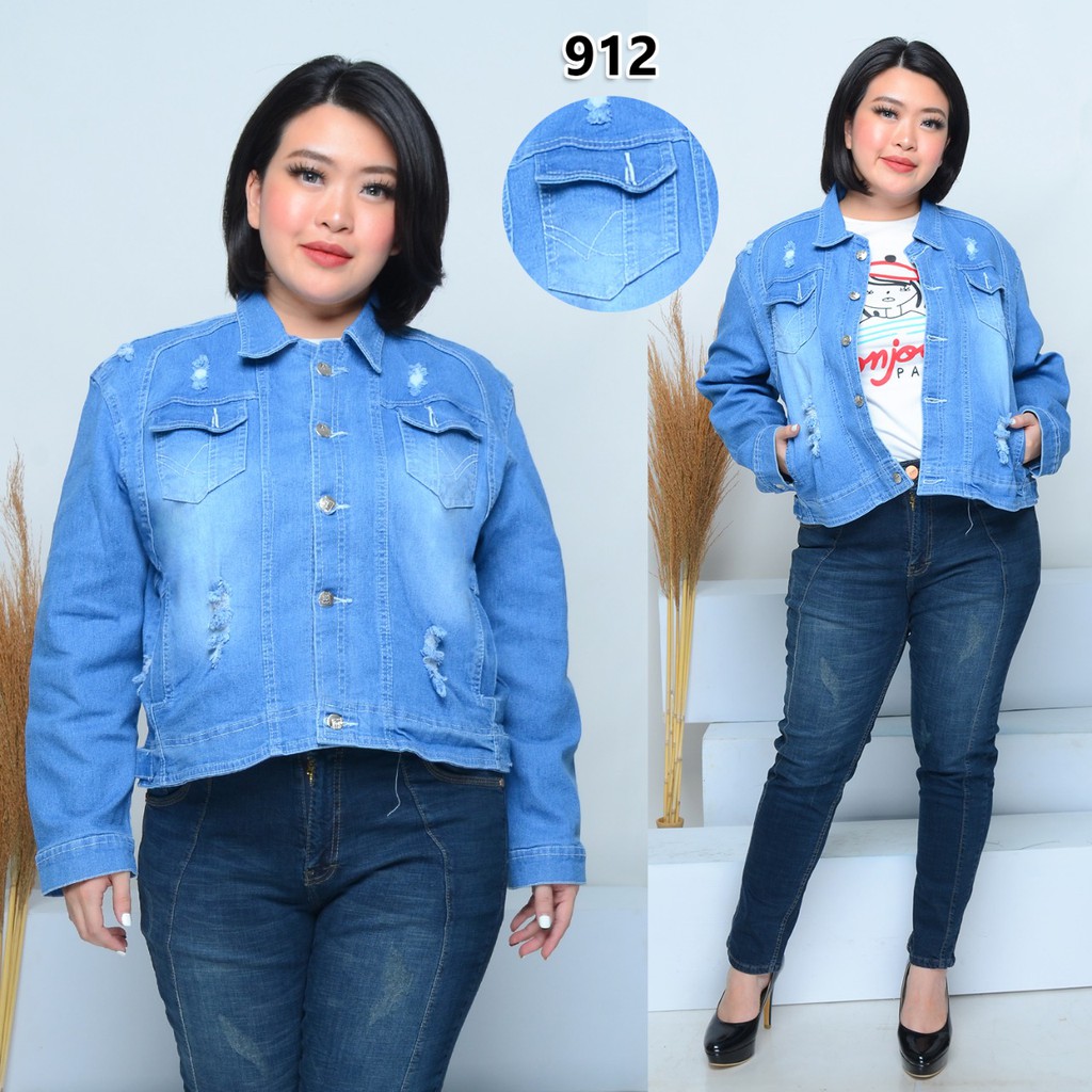 MC girl Jaket Jeans Sobek Jumbo Wanita / Jaket Lepis Ripped Big Size