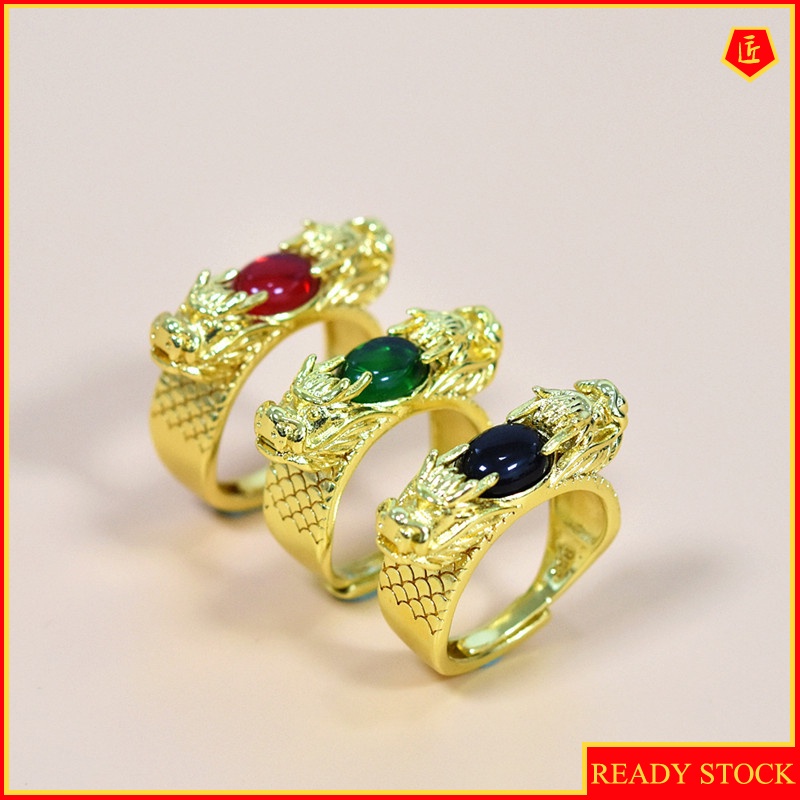 [Ready Stock]Gold Inlaid with Jade Gem Two Dragons Open Ring