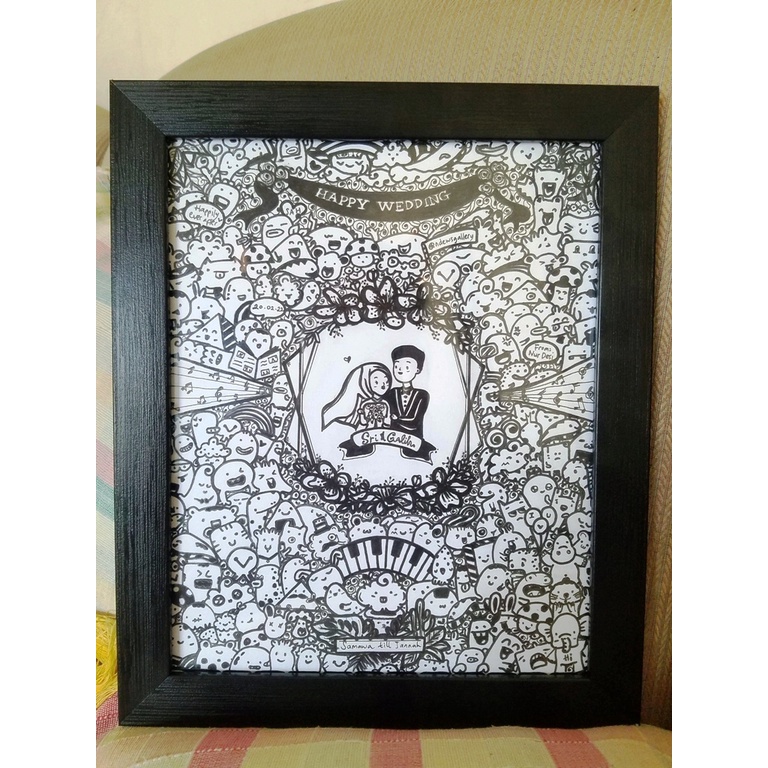 DOODLE ART WEDDING CUSTOM 01 TANPA VARIASI FOTO, FRAME MINIMALIS (UKURAN 15x20CM & 20x25CM - BERAT 1