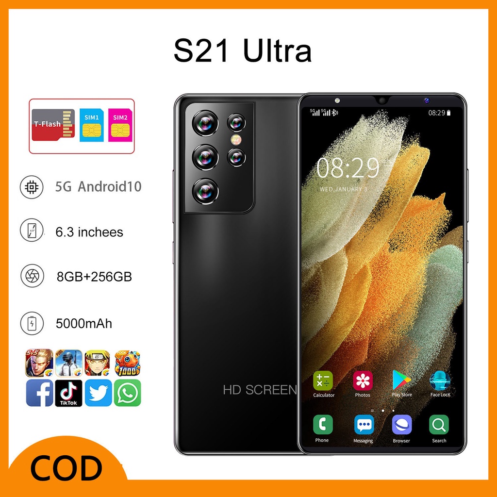 【COD】Hp Murah Galaxy S21 Ultra 5G Ponsel Baru Jaminan Kualitas RAM 8GB+256GB ROM Hp Murah Dual Card SIM 5.5 inci Smartphone Samsung S21 Ultra Handphone Android Handphone Murah