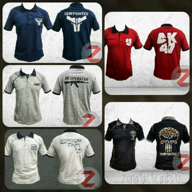 POLO TSHIRT TACTICAL kaos polo AK47 GUNFIGHTER AKOPERATOR GLOCK semi kemeja militer airsoft perbakin
