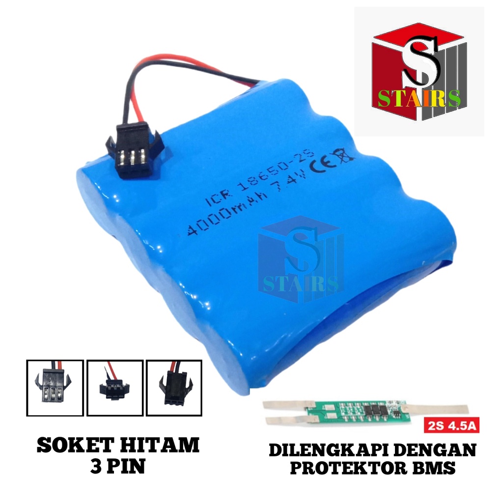 Baterai RC/ Mainan Anak /Speaker &amp; Elektronik Lainnya 4X 18650-2S 4000mAh 7.4V Protektor BMS 4.5A SOKET HITAM 3 PIN