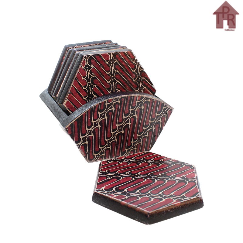 Coaster Kayu Batik / Tatakan Hexagonal D9 x 6pcs.