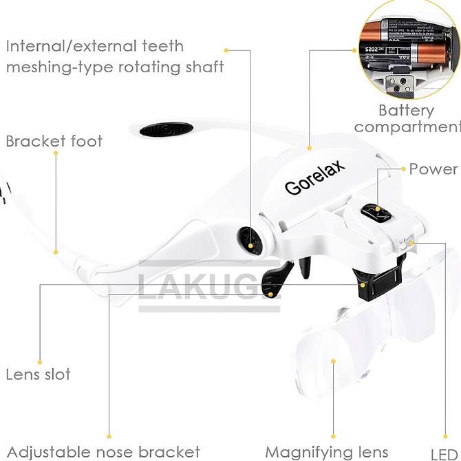 

Kacamata Pembesar 5x Magnifier 2 LED Head Illuminated Loupe Magnifier