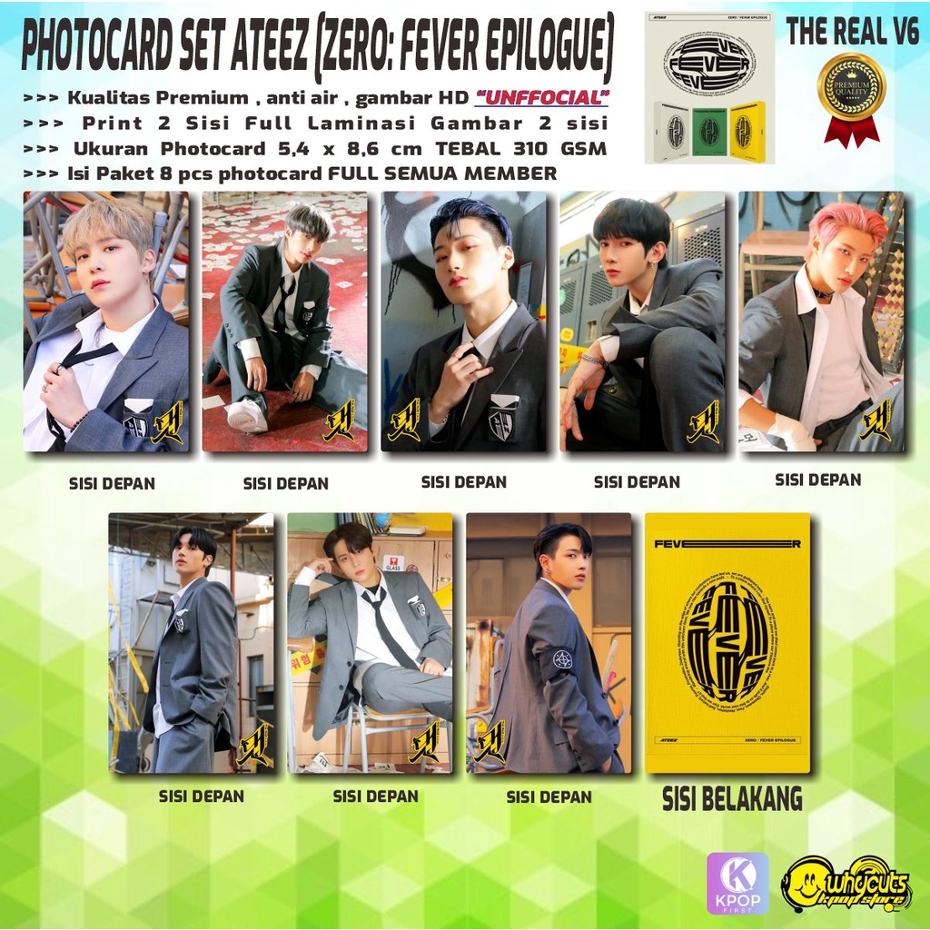 PHOTOCARD SET PREMIUM KPOP/ ATEEZ / ZERO FEVER EPILOGUE / PRINT 2 SISI FULL LAMINASI / ISI 1 SET 8PCS