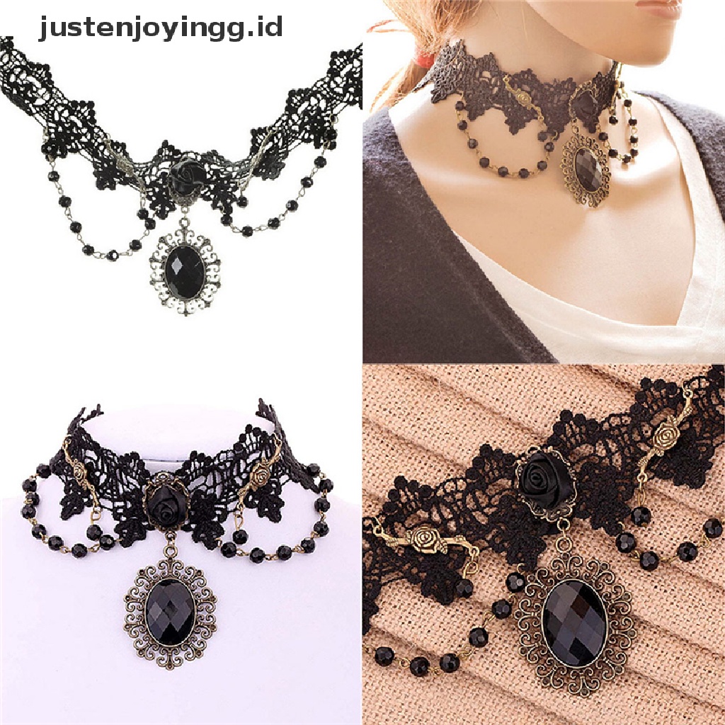 Kalung Choker Rantai Manik-Manik Renda Bunga Mawar Hitam Gaya Gothic Lolita