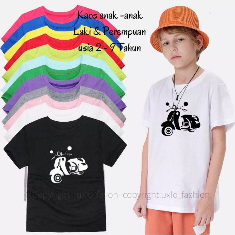 Atasan Kaos Baju Anak Anak Laki dan Perempuan Unisex Baju Anak Motif Scooter Vespa Kaos Dsitro Anak Sablon DTF Umur 2 3 4 5 6 7 8 9 Tahun Uxlo Fashion