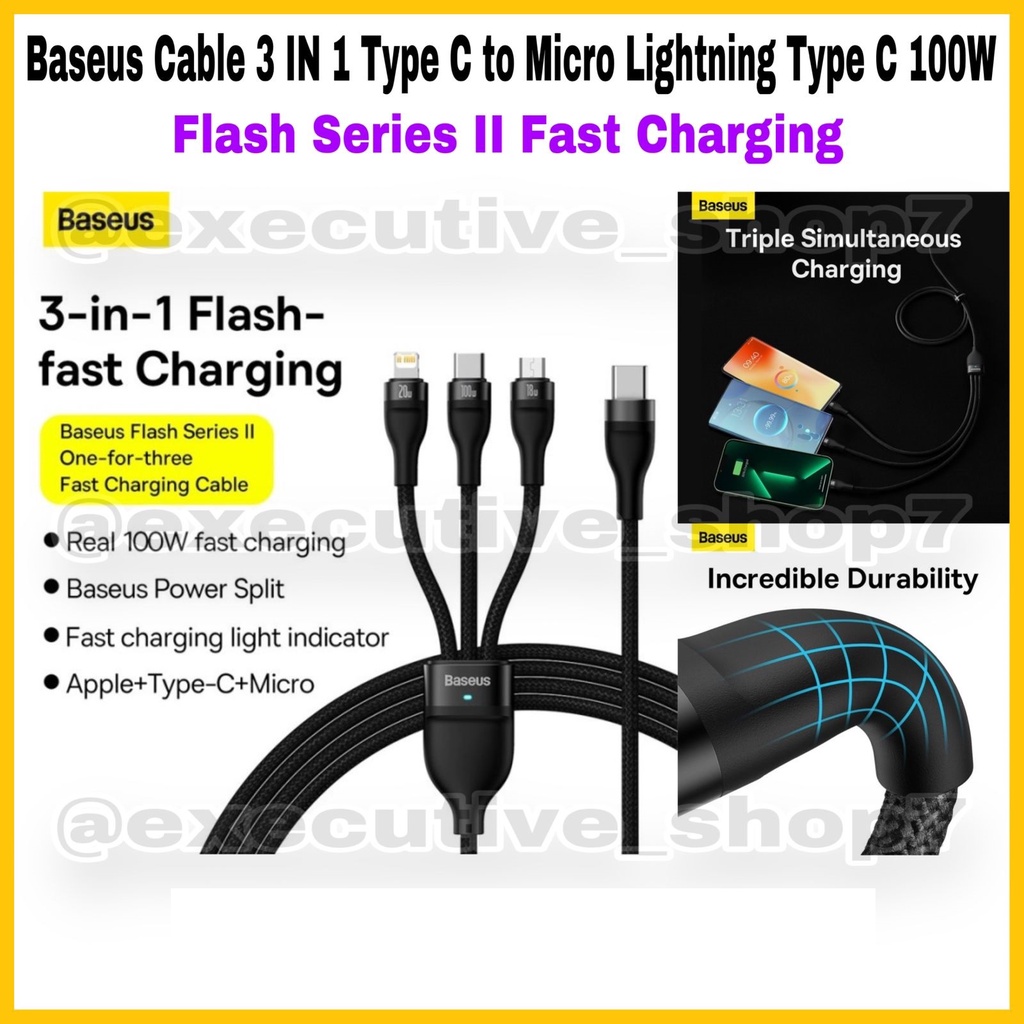 Baseus Cable 3 IN 1 Type C to Micro Lightning Type C 100W Flash Series Il Fast Charging