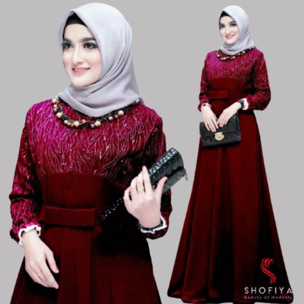 GAMIS BRUKAT MUTIARA QUEENBY KOMBINASA MOSCREPE / Gamis Brukat Busui Muslimah Bumil-MAROON