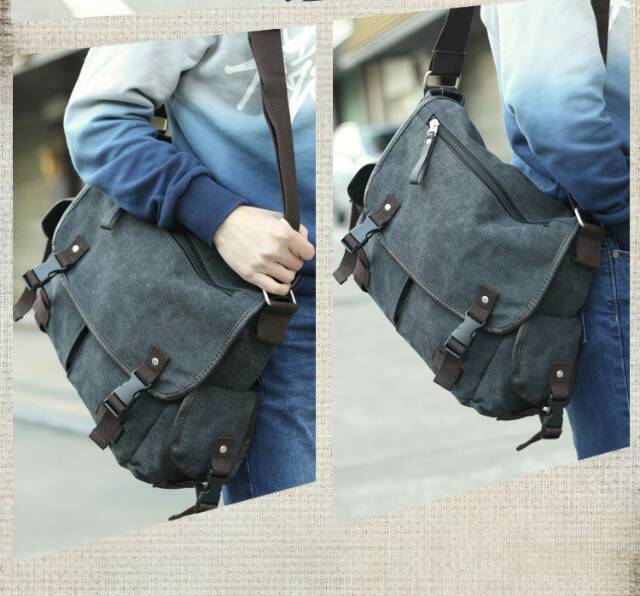 Tas Selempang Pria Crossbody Messenger Bahan Canvas Fashion - Hitam LZ