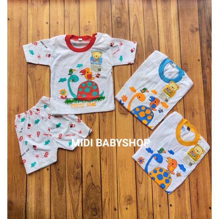 Setelan Piyama Baju Bayi Pendek Kancing Pundak 3-18 Bulan Bolo Bolo Motif Carry Mel