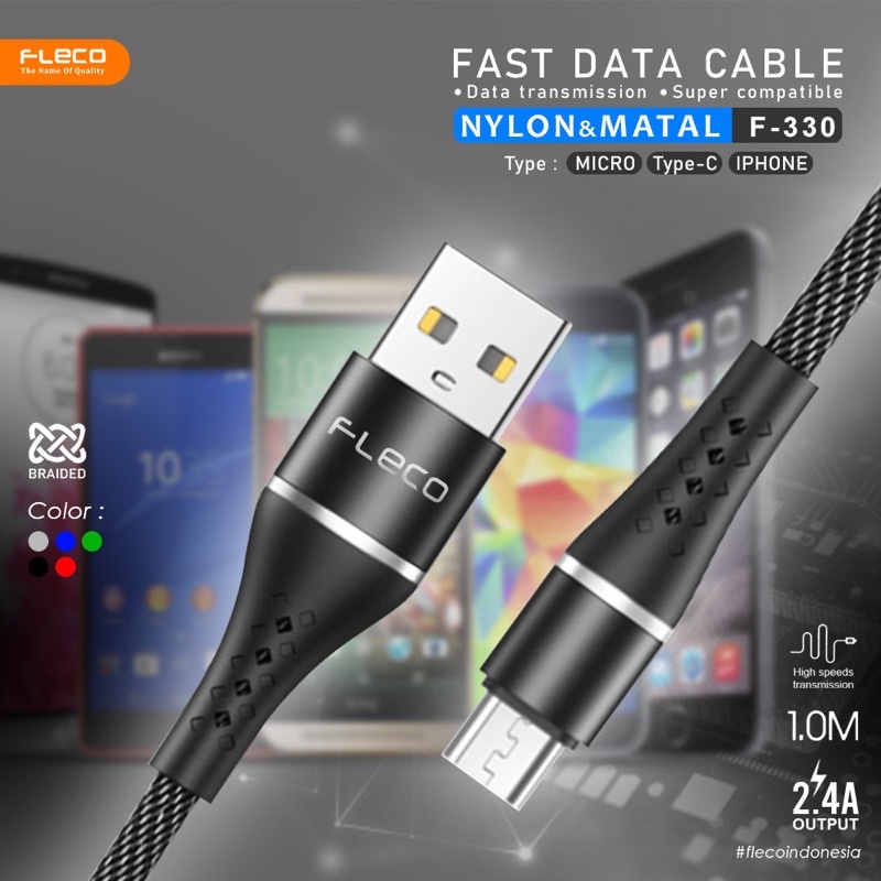 PROMO KABEL DATA FLECO F330 MICRO TYPE C SUPPOR FAST CHARGING 2.4A NYLON METAL PREMIUM