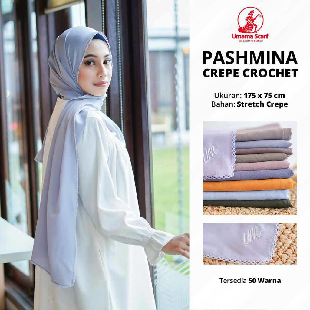 PASHMINA CROCHET PICOT ORIGINAL UMAMA CREPE DIAMOND RAJUT RENDA PASHMINA +- 175 X 70 HARGA GROSIR