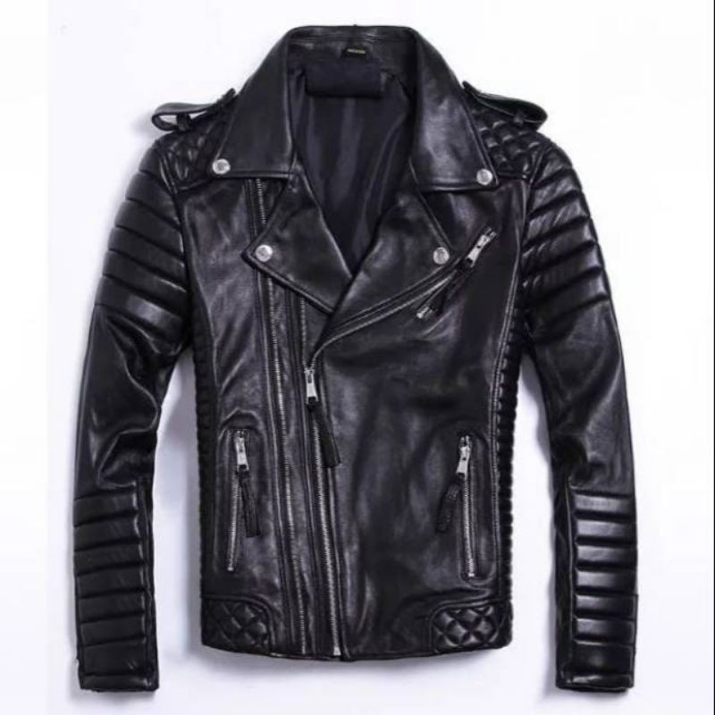 Jaket pria kulit asli domba Ramones