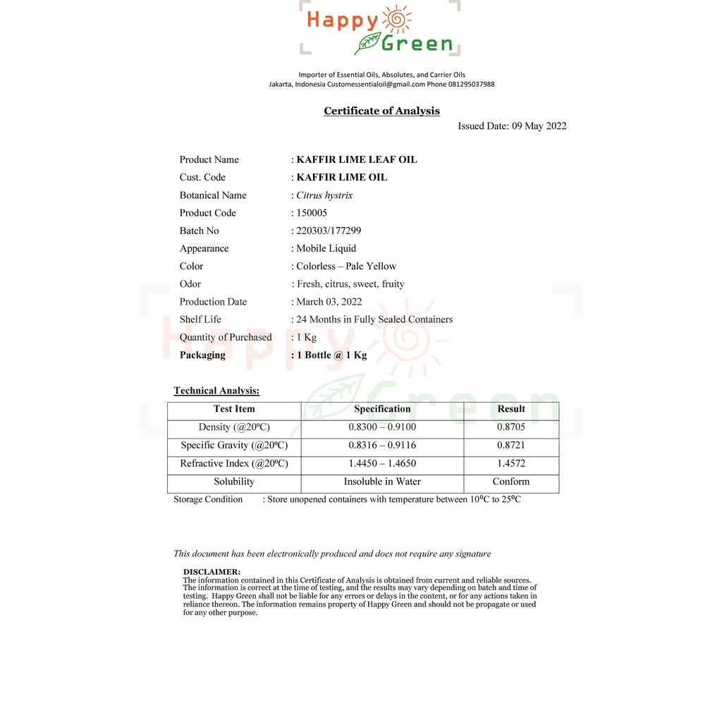 BPOM Happy Green Kaffir Leaf Essential Oil - Minyak Atsiri Daun Jeruk Purut 100% Murni Garansi Uang Kembali