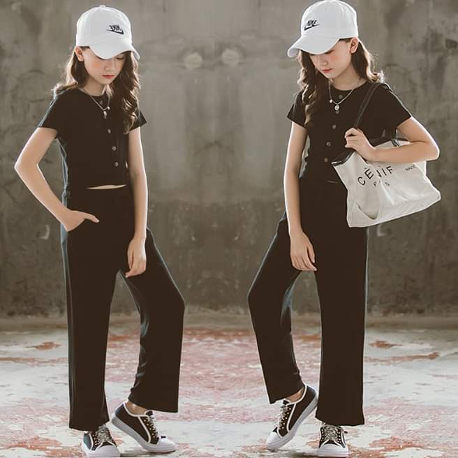 Setelan Anak Perempuan Crop Top Crincle Black