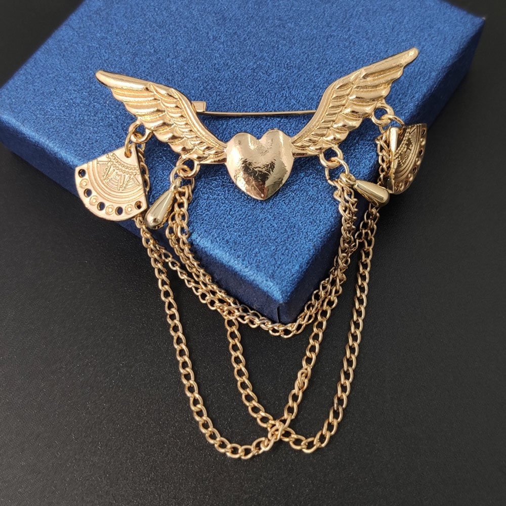 Needway  Men's Suit Jewelry Vintage Brooch Pins Fashion Accessories Chain Heart-Shaped Angle Wing Retro Lapel Pin British Style Brooches/Multicolor