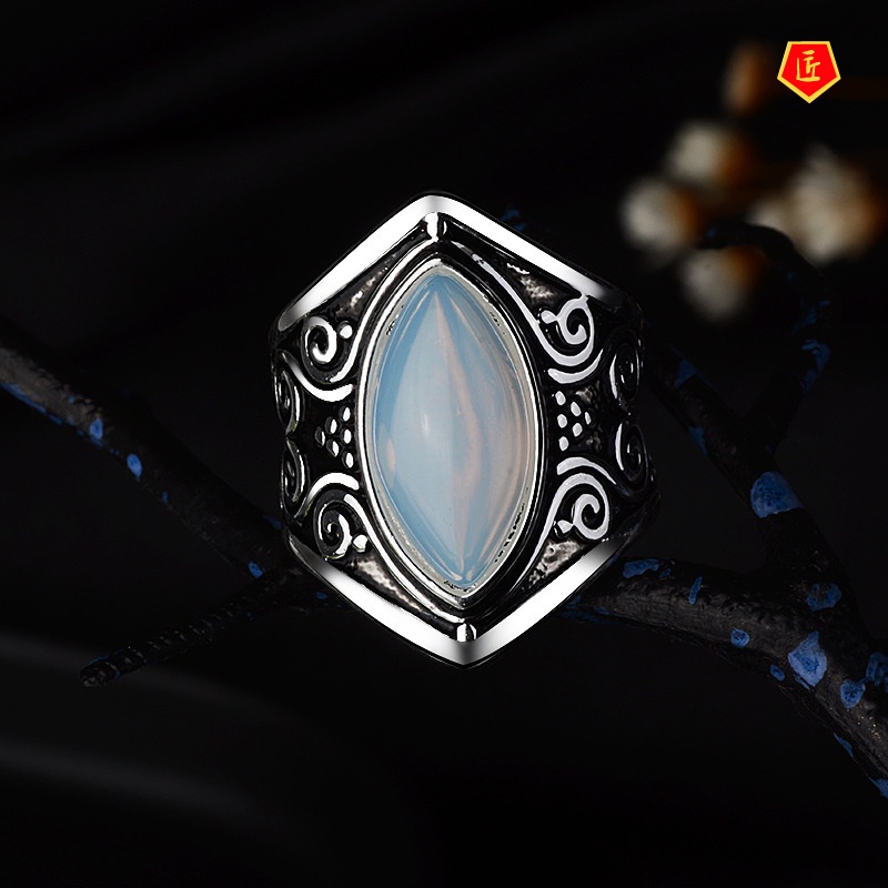 [Ready Stock]Fashion Retro Moonstone Opal Silver Ring Punk Exaggerated