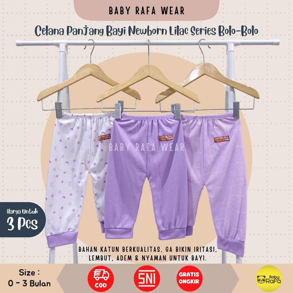 Serian Lilac - 3 pcs Celana Panjang Bayi Baru Lahir 0 - 3 Bulan Lilac Series merk SNI Bolo - Bolo