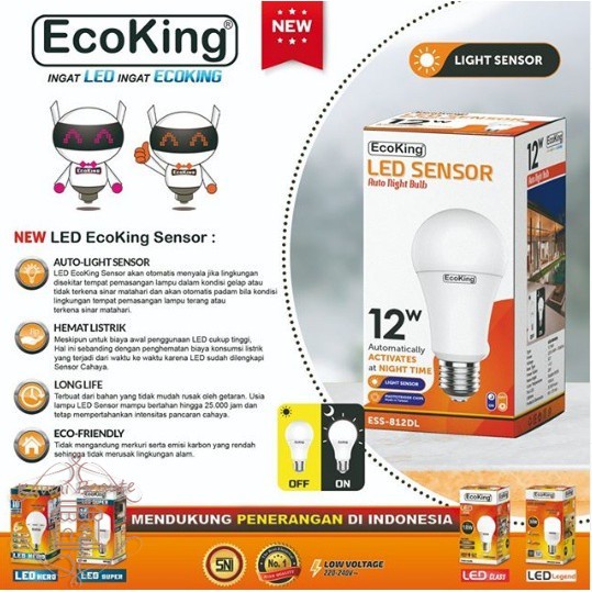 ECOKING LED SENSOR CAHAYA 12 W WATT/ Lampu potocell selcon otomatis Nyala NEW!!