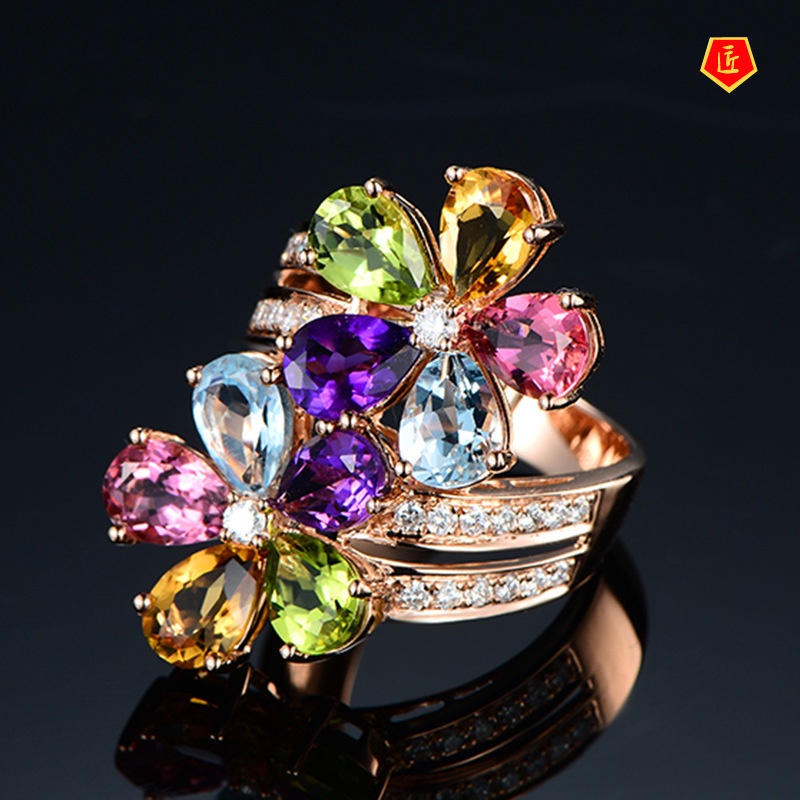 [Ready Stock]Colored Gems Flower Ring Japanese and Korean Fashion