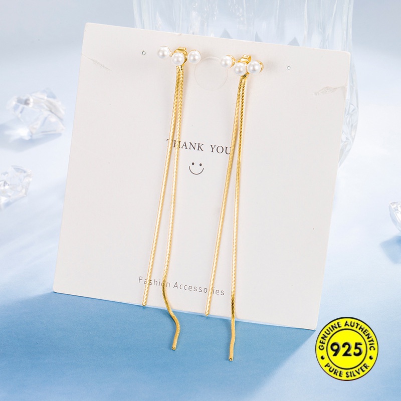 Anting Tusuk Gantung Sterling Silver 925 / Gold 18K Hias Mutiara Gaya Elegan Untuk Wanita