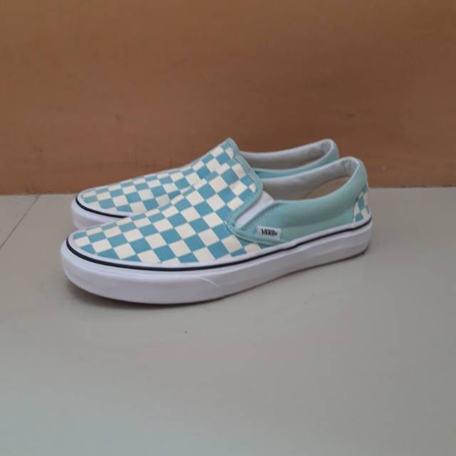 vans checkerboard slip on aqua haze