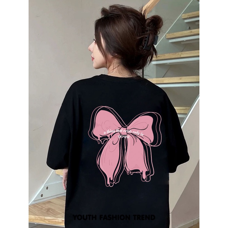 EUNII T-shirt Lengan Pendek Dasi Kupu-kupu Pencetakan Longgar Korean Style /Kaos Atasan Wanita/Baju Kaus Oversize Wanita