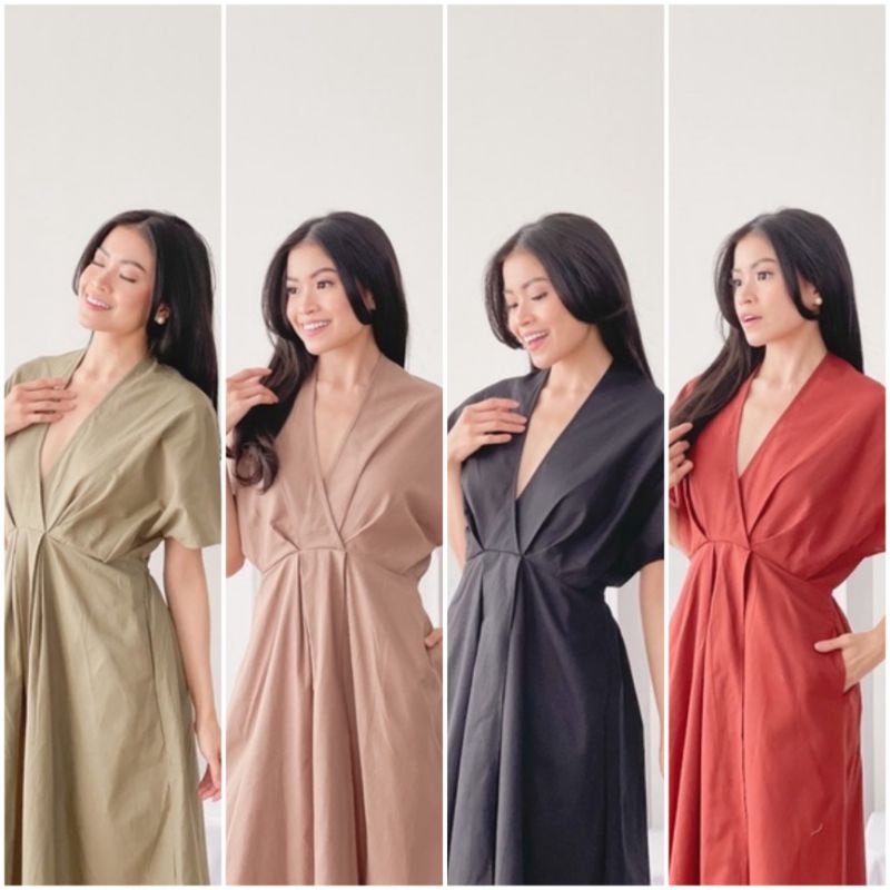 ❣️SPECIAL PRICE ♡ PREMIUM ♡ ORIGINAL ! NATHANIA VINTAGE BIG SIZE KIMONO V-NECK SLING PLAIN SLIT MIDI DRESS