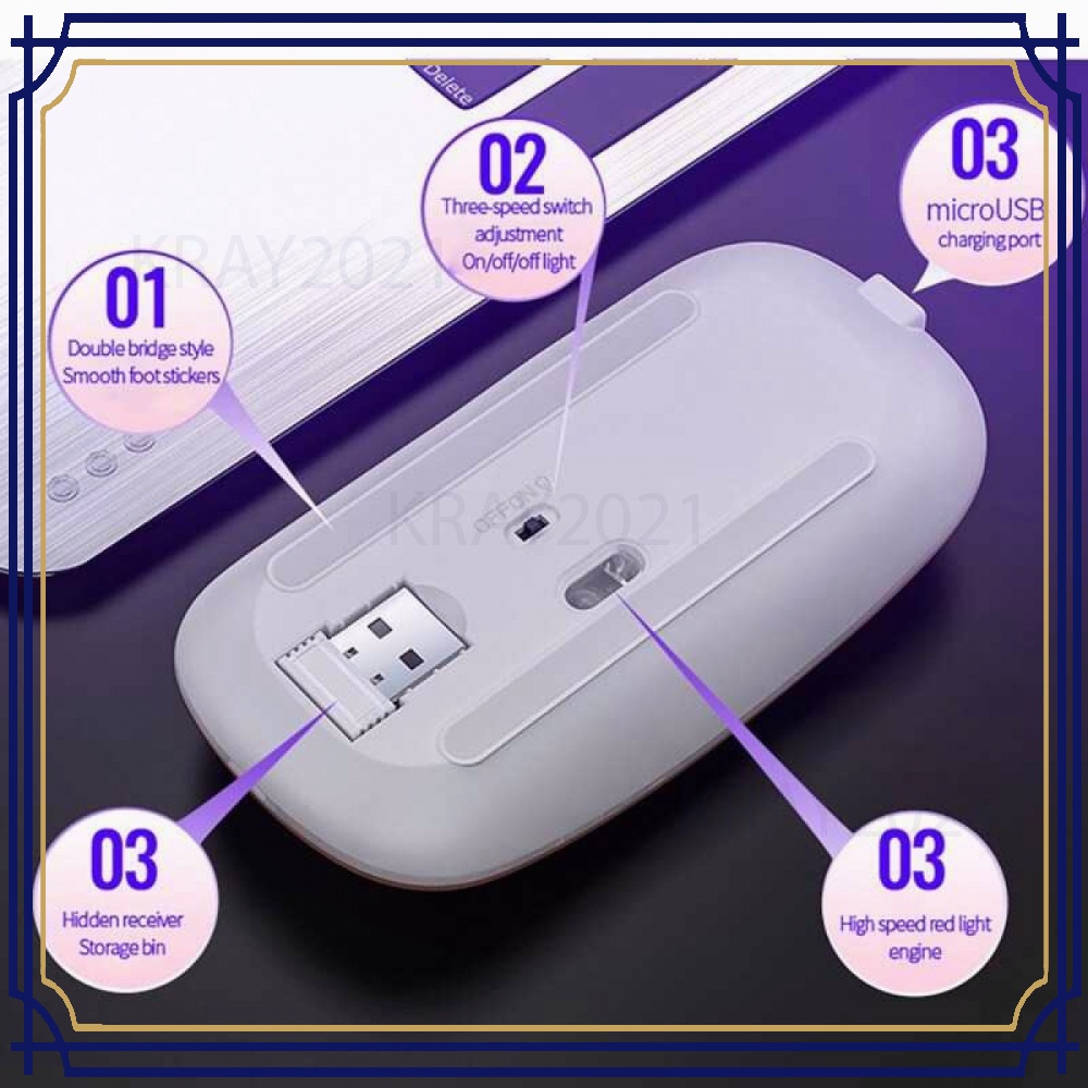 Slim Silent Optical Wireless Mouse USB Recharge 2.4GHz MS008