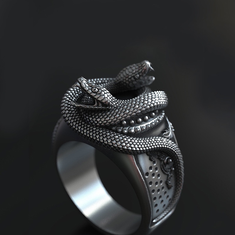 Cincin Silver Plated Model Kepala Ular Ganda Gaya Rock Untuk Pria