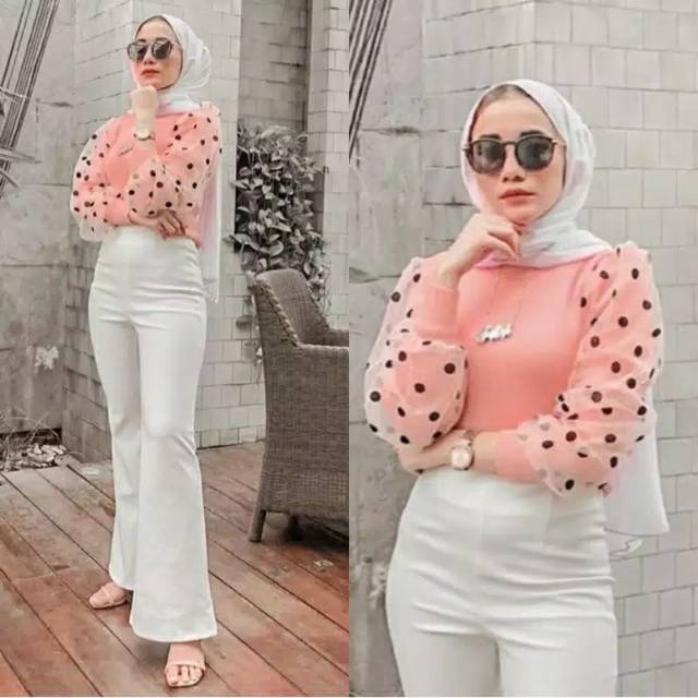 Blouse tangan balon atasan rajut atasan polka import