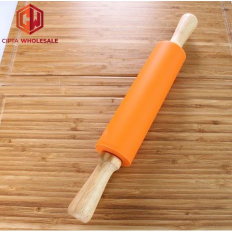 Rolling pin silicone with solid wood handle roller cake baking kue