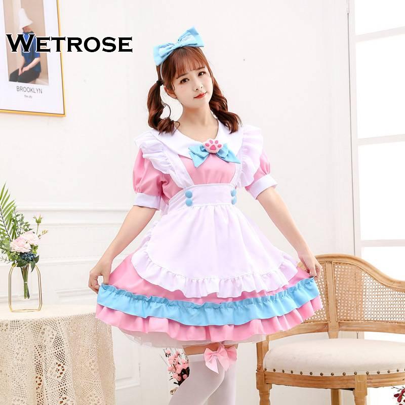 【Wetrose】Girl Super Cute Big Bow Lolita Maid Outfit Pink Blue Maid Costume Dress Set for Cosplay Cafe Wanita Pembantu