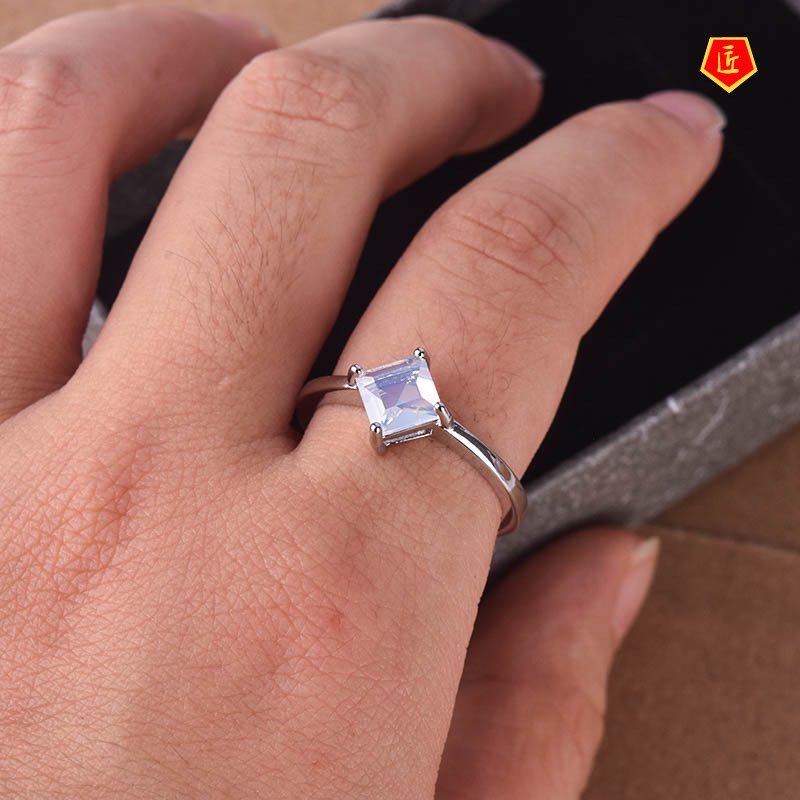 [Ready Stock]Inlaid Square Moonstone Ring Classic Simple