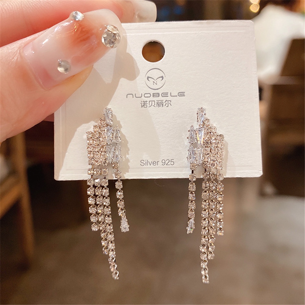 Anting Stud 925 Silver Model Rumbai Panjang Bahan Zirkon Untuk Wanita