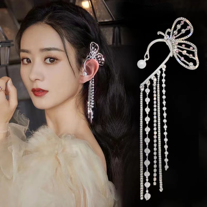 Anting Klip Tanpa Tindik Desain Pita Rumbai Hias Berlian Imitasi Berkilau Gaya Korea Untuk Wanita