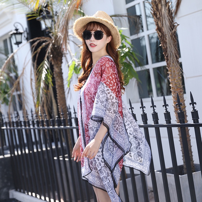 outer cardigan Baru kasual dicetak sifon selendang mutiara tombol all-match cardigan multifungsi pantai pakaian pelindung matahari Outer Scarf  Chiffon  sunscreen  Pantai Bahan  Syal Sutra Shawl Wanita Silk Sarong Sarung Kain Printing