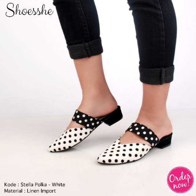 Fsb - Sepatu Mules Wanita(Stella Polka - White x Navy)