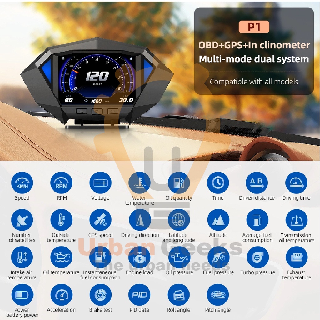 HUD Head Up Display P1 Multifunctional LCD Meter OBD2