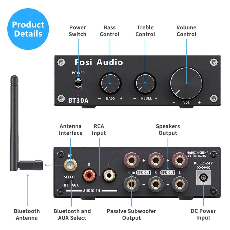 Fosi Audio Bluetooth Amplifier HiFi 2.1 Channel 50Wx2 + 100W TPA3116D2 - BT30A - Black