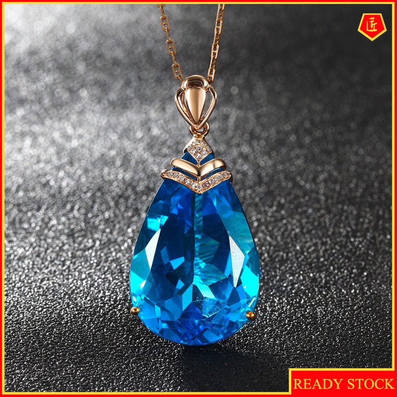 [Ready Stock]Fashion Inlaid Color Gem Drop Pear-Shaped Pendant 18K Rose Gold Plated Necklace